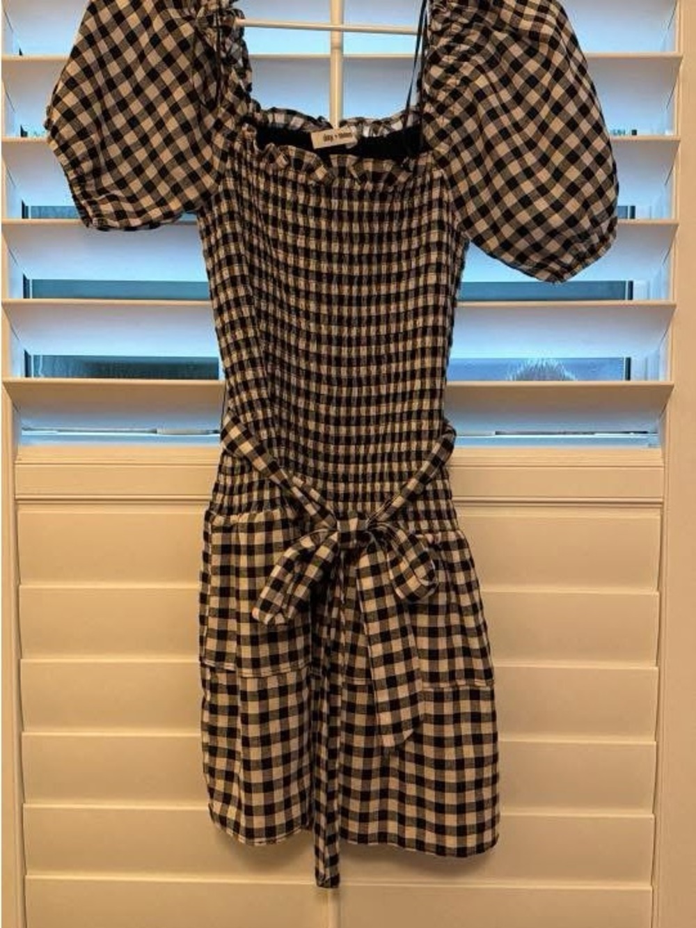 Plaid Puff-Sleeve Smocked Mini Dress - Black & White
